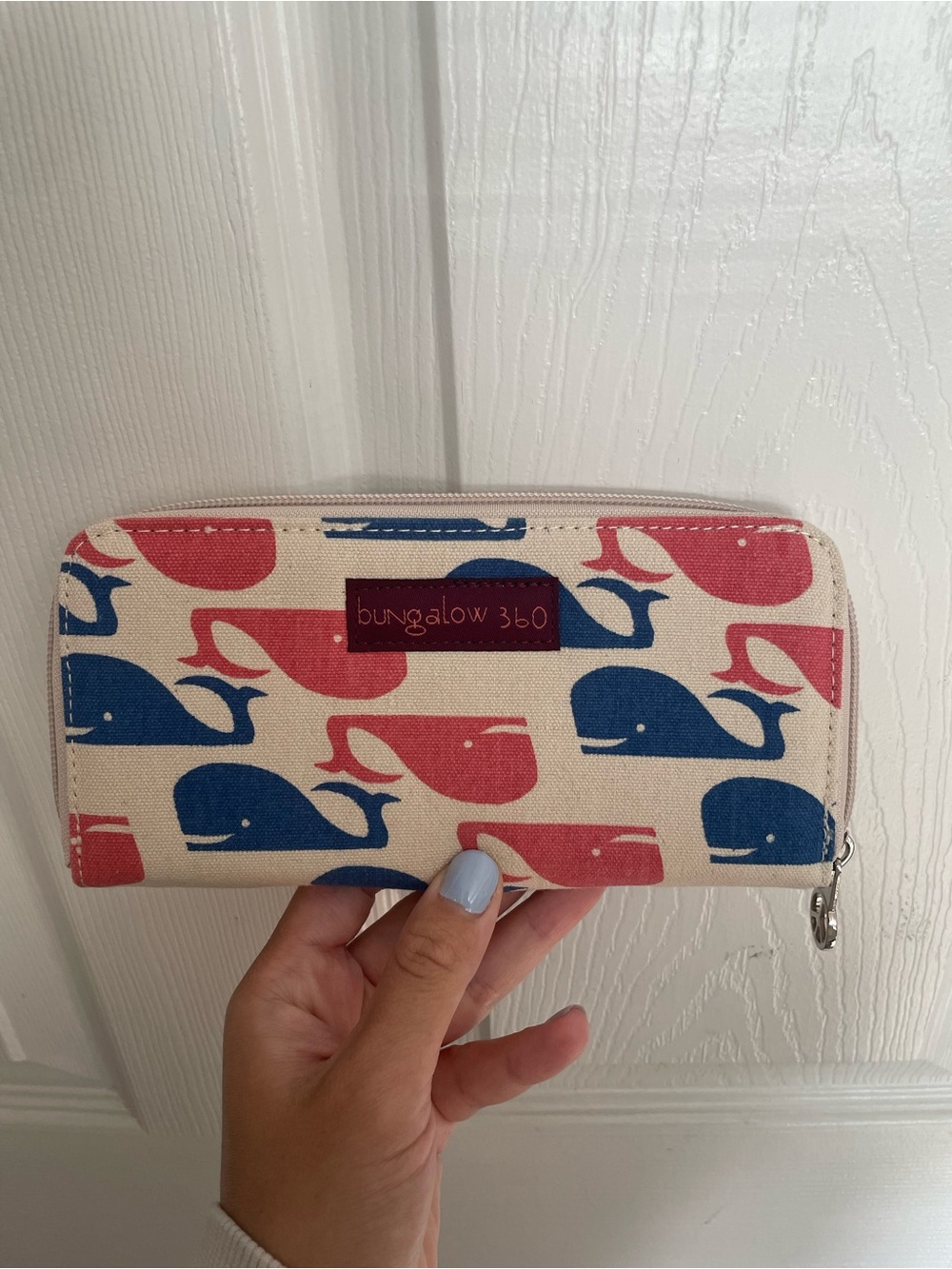 bungalow 360 Canvas Zip Wallet - Blue & Coral Whale Pattern 8x4 inches